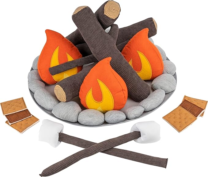 Cart Adventure Kids Pretend Plush Campfire and S'Mores Toy Set | Fun Indoor Camping Accessories | Fake Fire, Logs, Stones and S'Mores for Imagination | Play Set for Learning The Outdoors or Decor