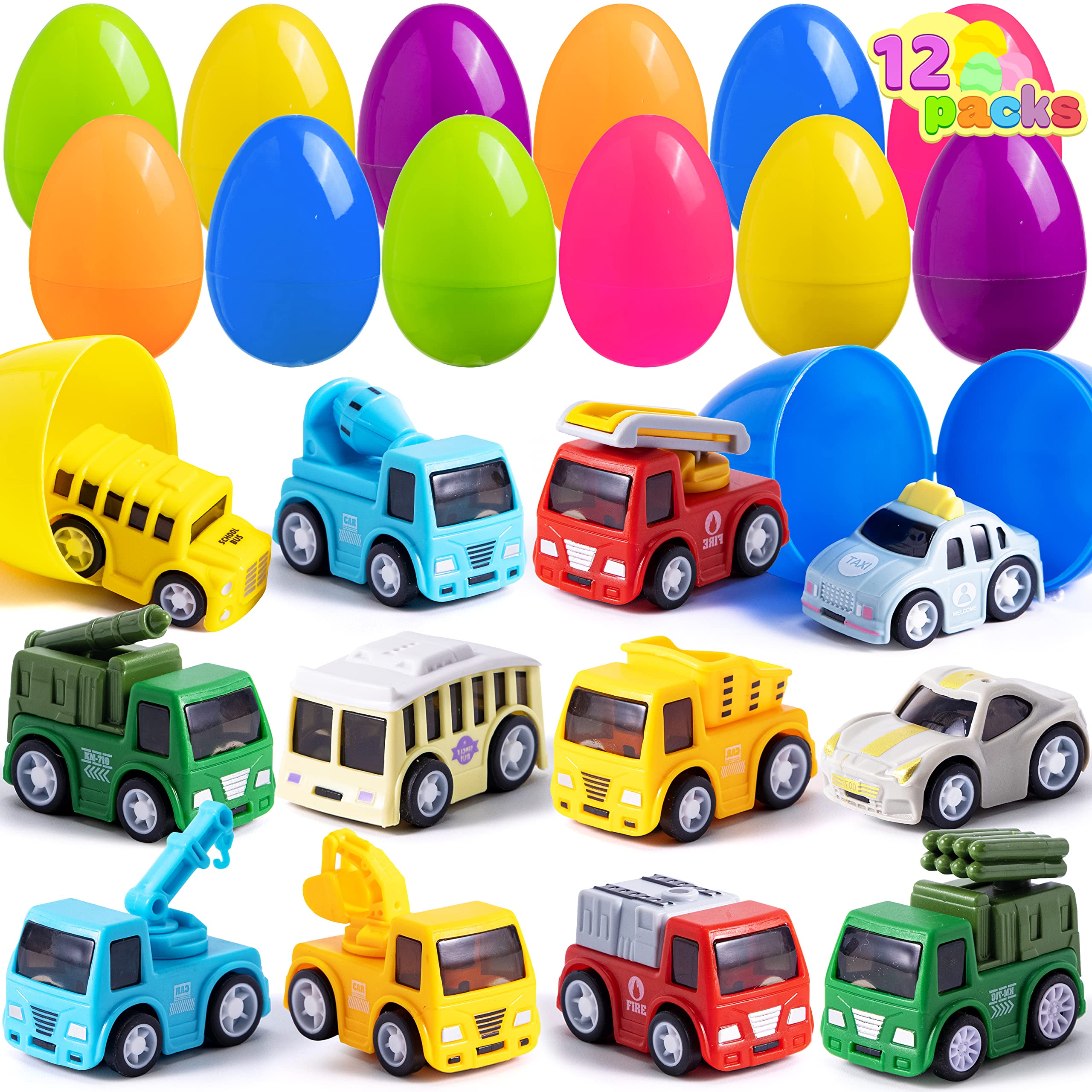 JOYIN 12 Packs Pre-Filled Easter Eggs with Cars for Boys, Basket Stuffers Easter Egg Hunt, Goodie Bag Fillers Classroom Prize and Party Favors for Kids