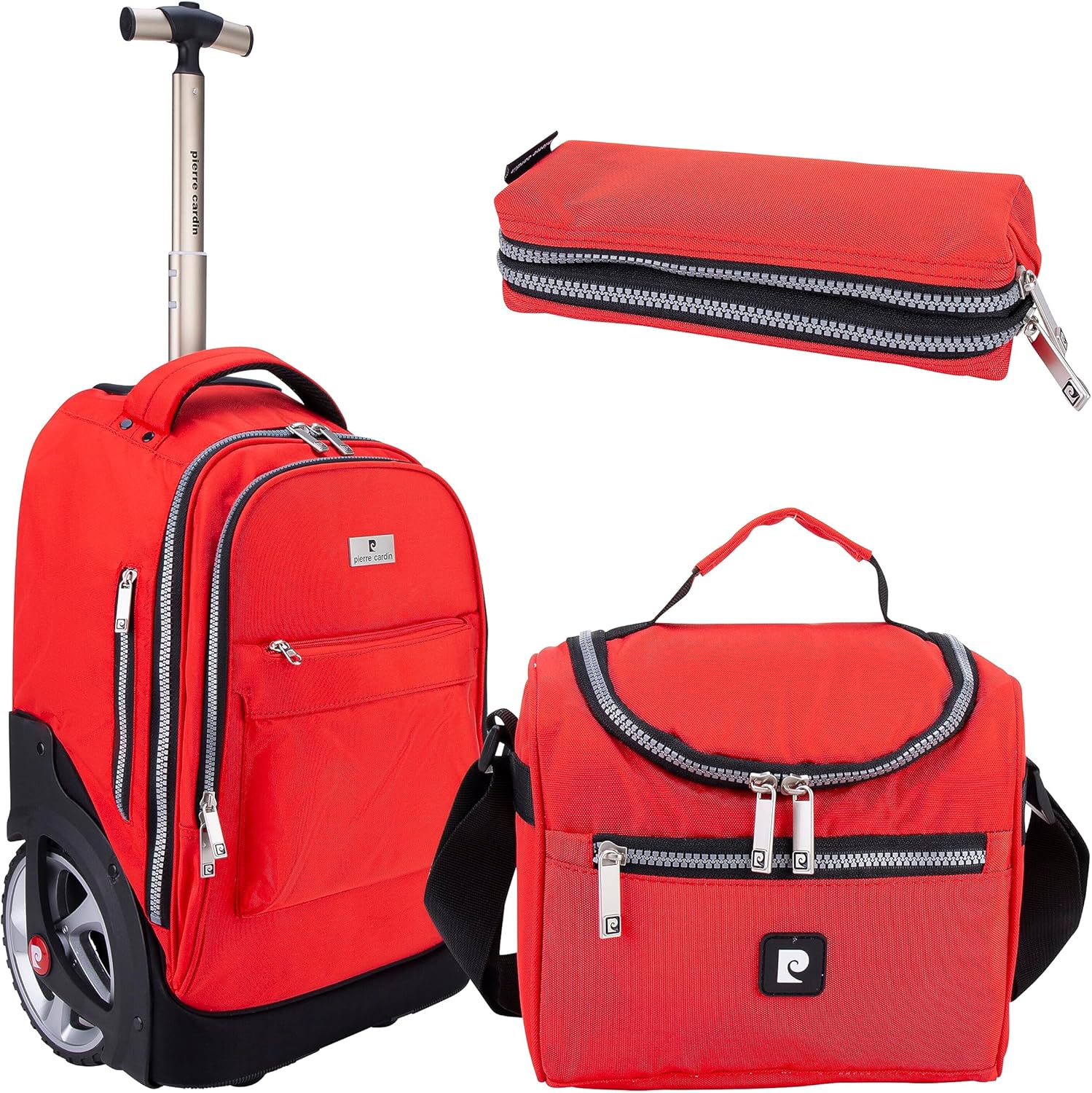 Pierre Cardin Trolley backpack School bag 3 PCS set All in One 2 BIG WHEEL Rolling Backpack Include Pencil case, Lunch bag and trolley backpack UNISEX PC87067-Red