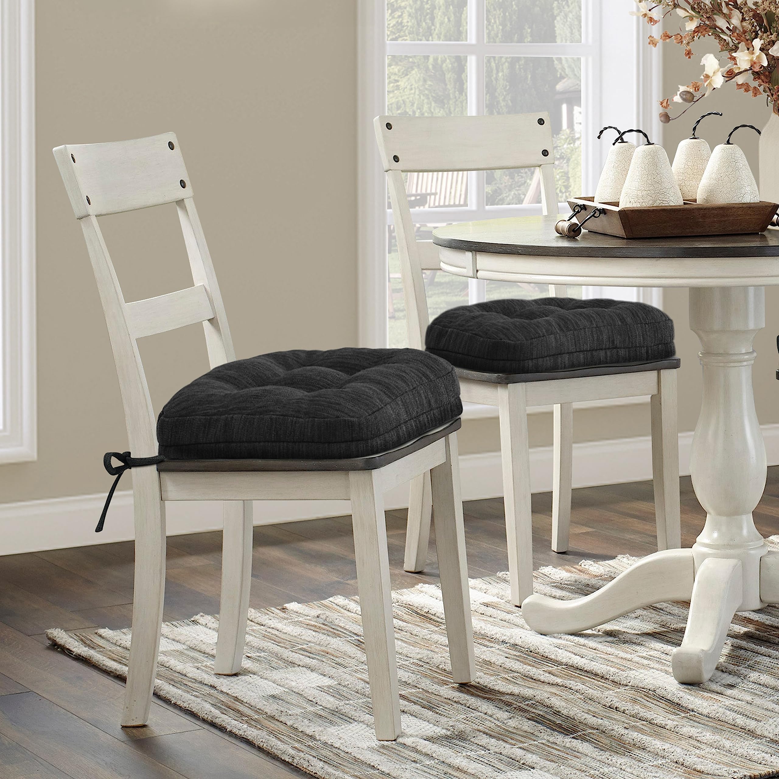 Shinnwa Chair Cushions for Dining Chairs 2 Pack, Tufted Memory Foam Kitchen Chair Cushions, Non-Slip Chair Pads with Ties, 16.5” x 16.5” x 3.5”, Charcoal, Set of 2