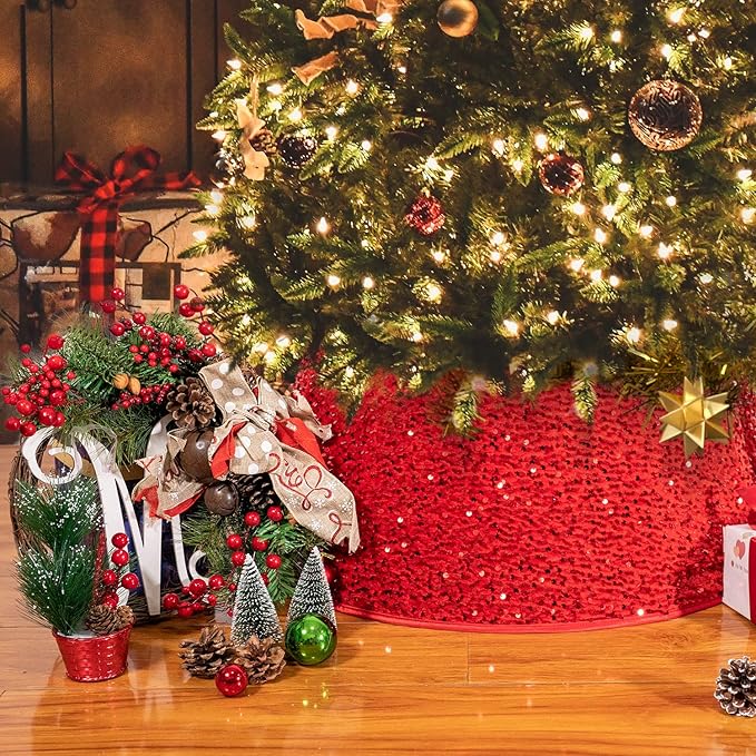 AWISUK Foldable Christmas Tree Collar – Red Fabric Xmas Tree Ring Skirt, Elegant Tree Base Cover for Artificial Trees & Holiday Décor (Package Imperfect, Product Perfect)