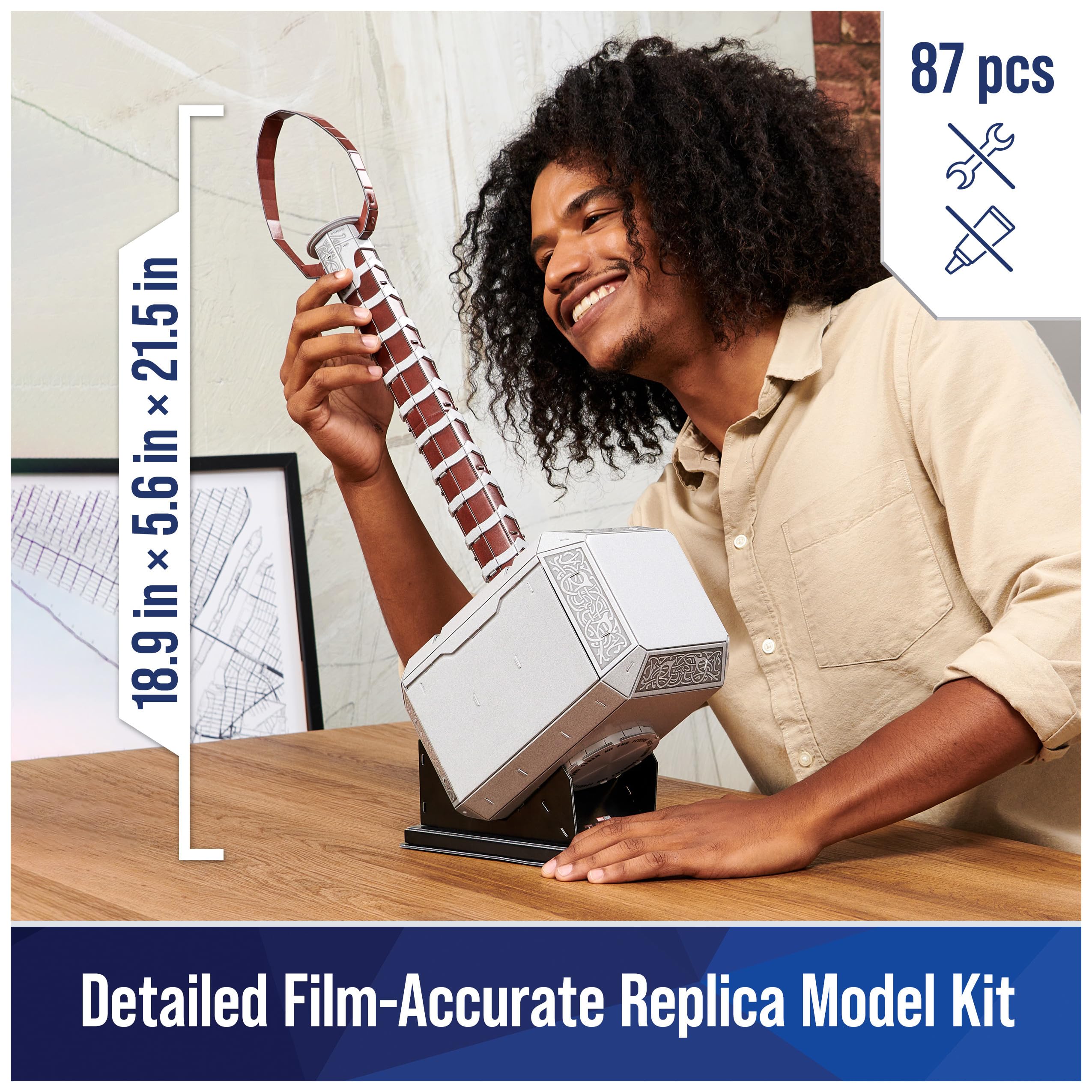 4D Build, Marvel Mjolnir Thor Hammer 3D Puzzle Model Kit with Stand 87 Pcs | Thor Desk Decor | Building Toys | 3D Puzzles for Adults & Teens 12+