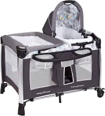 Baby Trend GoLite ELX Nursery Center in the Drip Drop Blue pattern featuring a removable bassinet and changing table