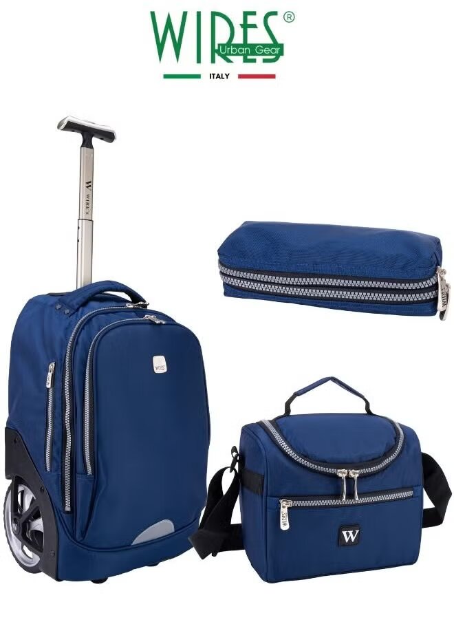 Wires Trolley backpack School bag 3 PCS set All in One 2 BIG WHEEL Rolling Backpack Include Pencil case, Lunch bag and trolley backpack UNISEX W24557-Navy