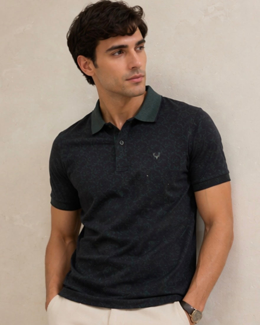 ALLEN SOLLY GREEN TEXTURED POLO T-SHIRT MEN