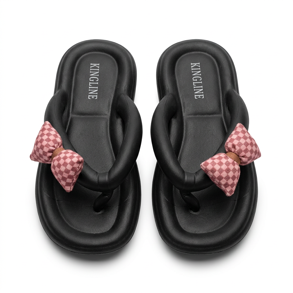 KINGLINE Black Platform Flip-Flops with Plaid Bow for Women