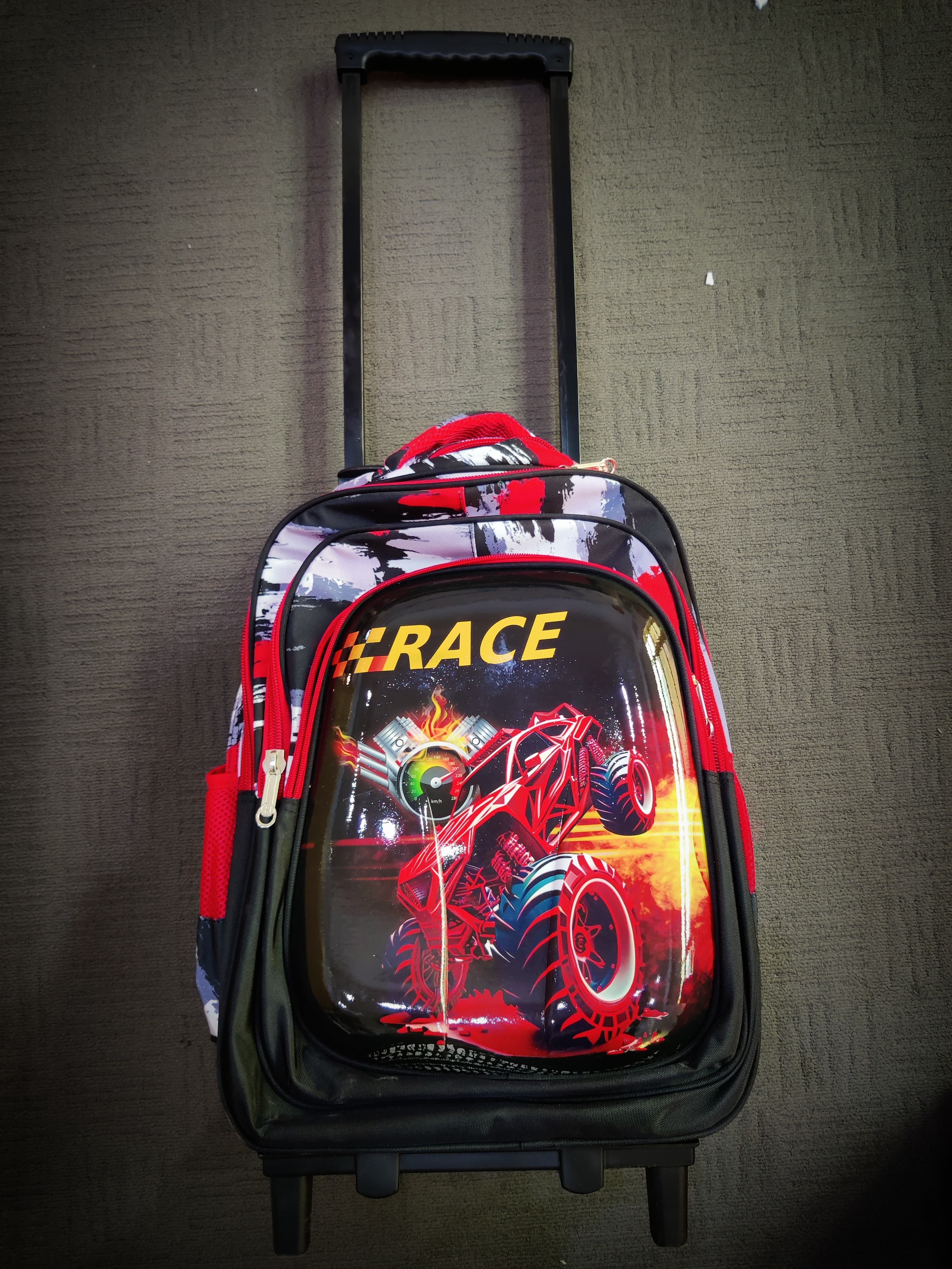 Stylish Boy's Popular Racecar Print Trolley Backpack With Pencil Case & Lunch Bag, With Sliding Wheel