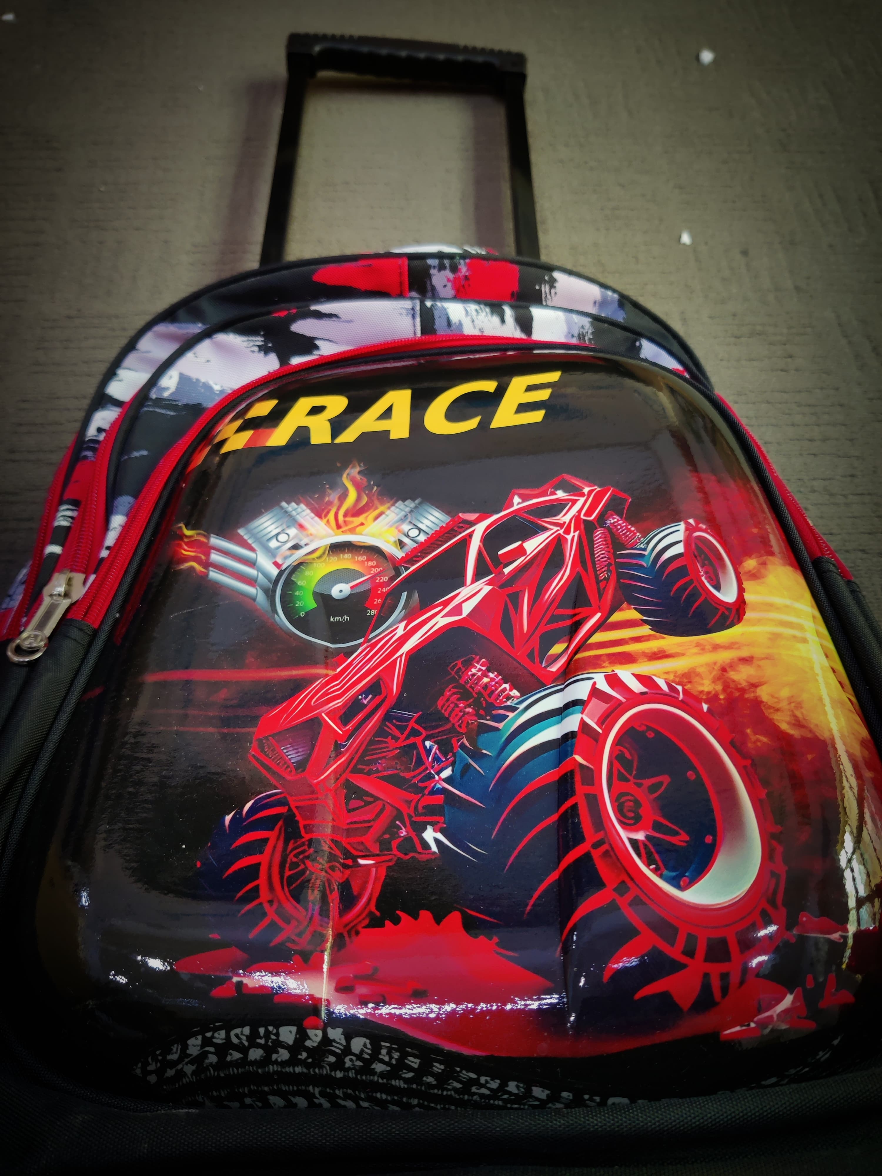 Stylish Boy's Popular Racecar Print Trolley Backpack With Pencil Case & Lunch Bag, With Sliding Wheel