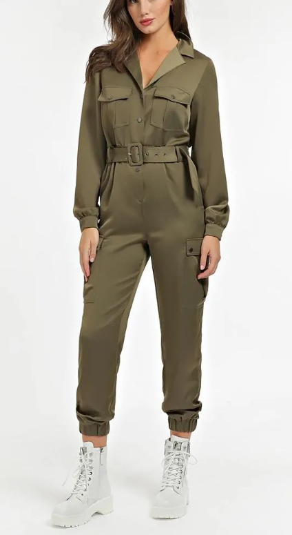 GUESS Women's Utility Cargo Jumpsuit in Olive Green