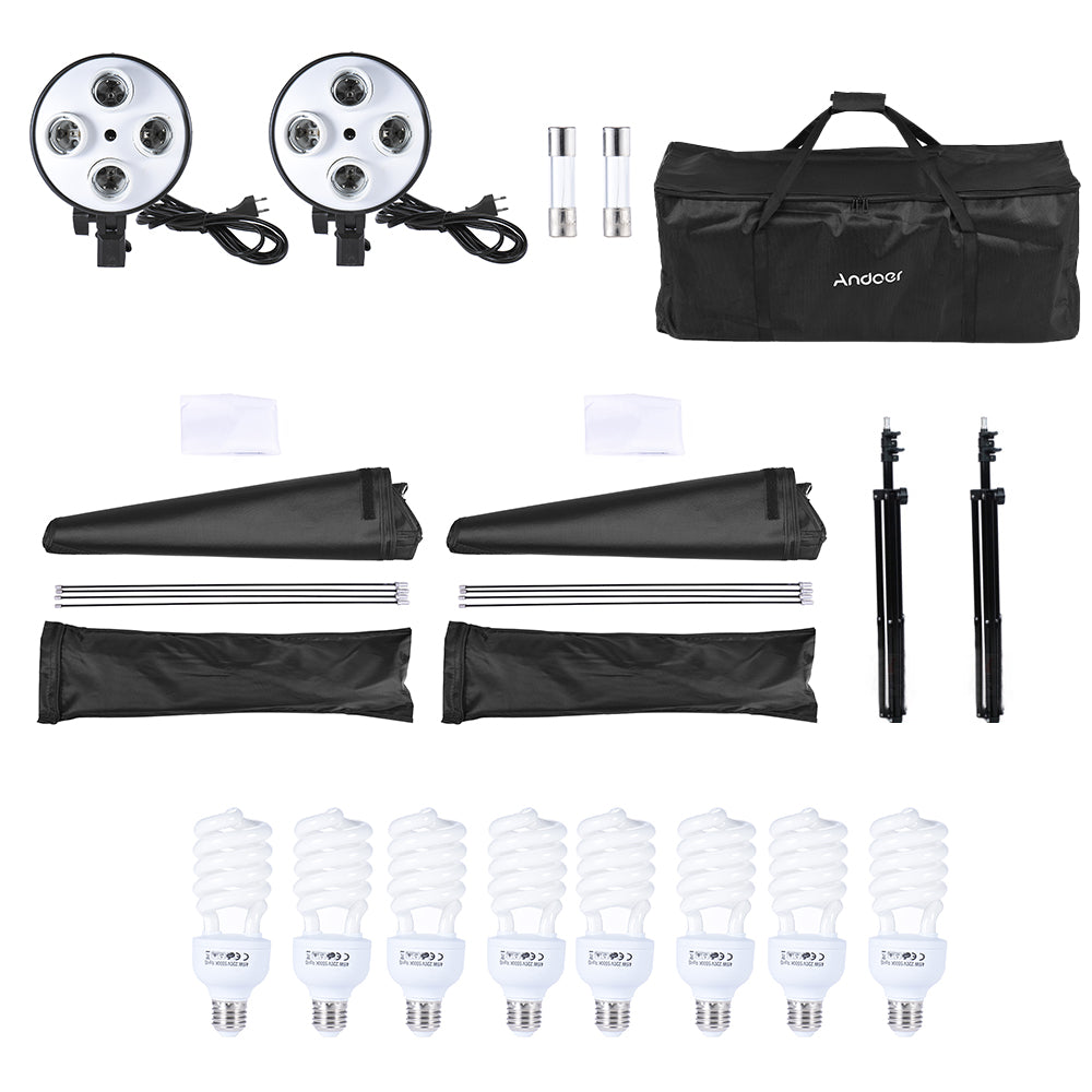 Andoer Studio Photo Lighting Kit with 2 * Softbox / 2 * 4in1 Bulb Socket / 8 * 45W Bulb / 2 * Light Stand / 1 * Carrying Bag