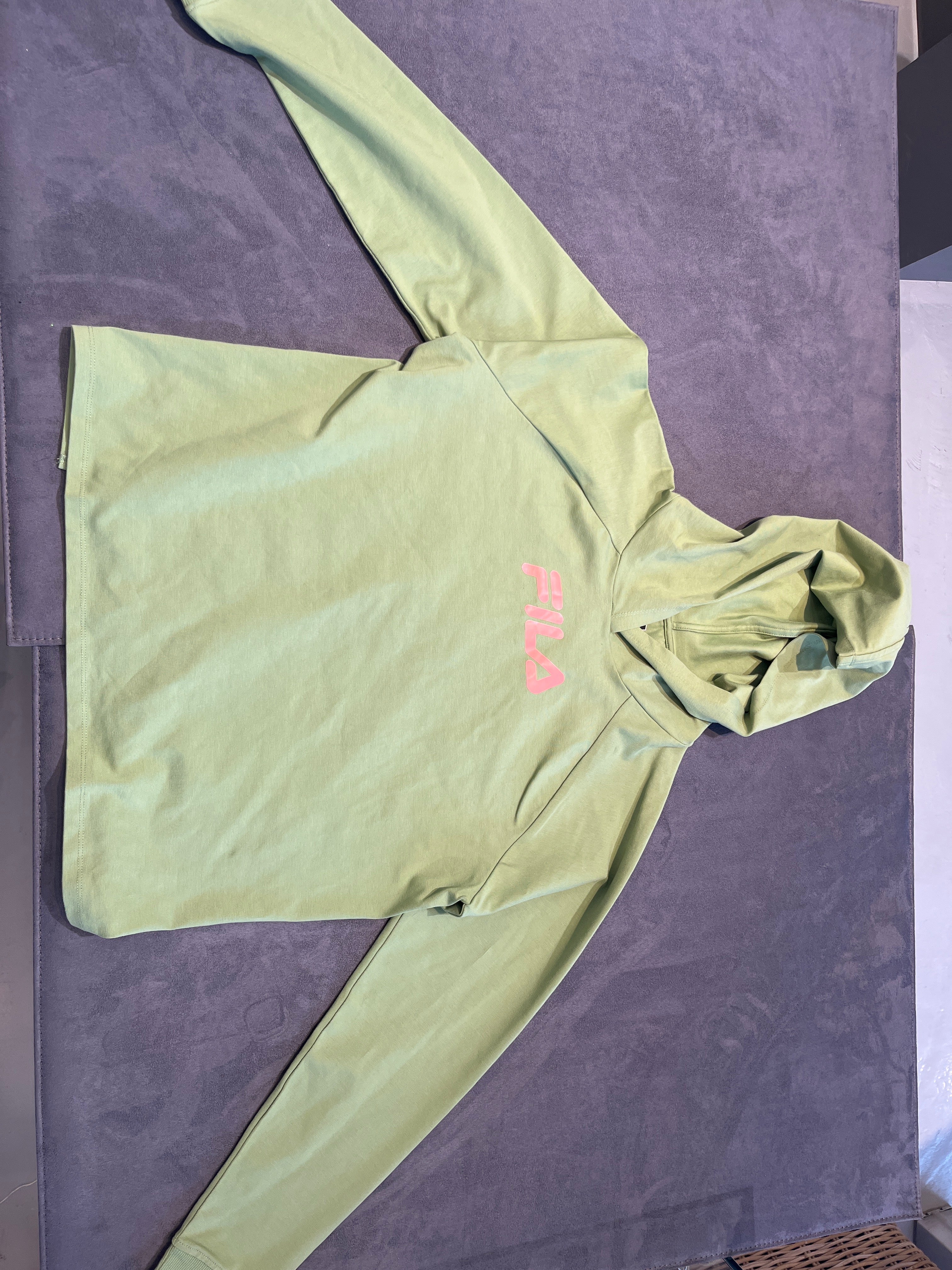 Fila Women's Olive Green Long Sleeve Pullover Hoodie with Pink Logo