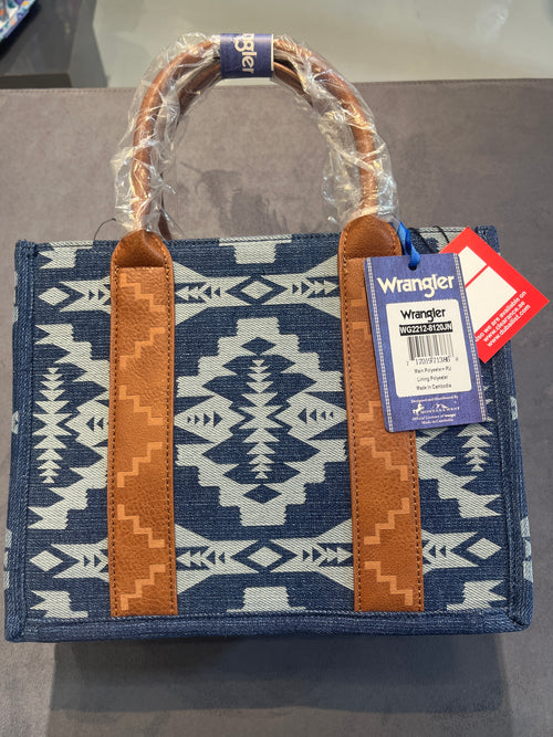 Wrangler Aztec Jacquard Canvas Tote Bag with Guitar Strap – Blue & Brown