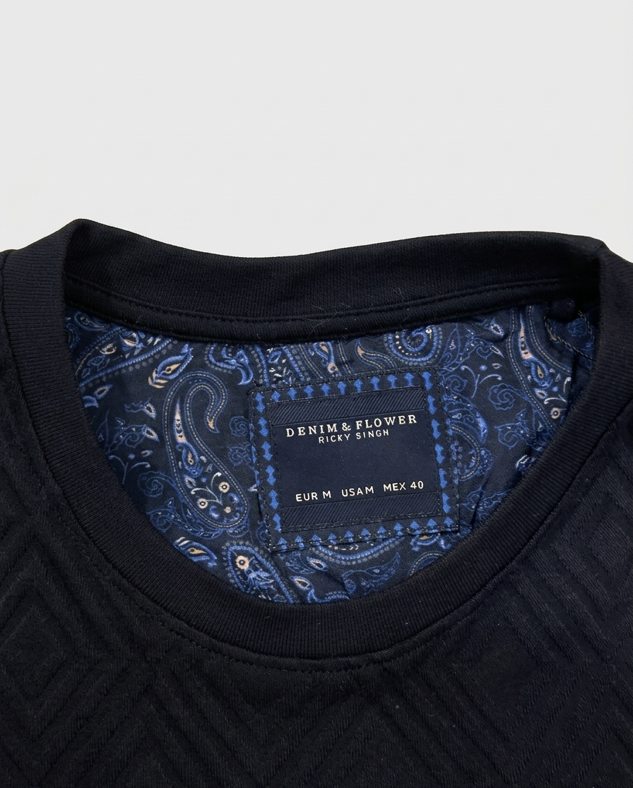 DENIM & FLOWER TEXTURED NAVY T-SHIRT MEN