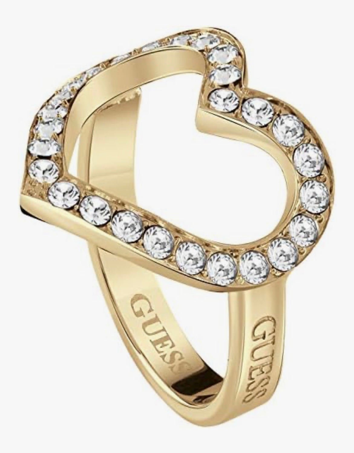 Guess UBR28001-54 Stainless Steel Zircon-Embellished Filigree-Heart Engraved-Logo Ring for Women - Gold
