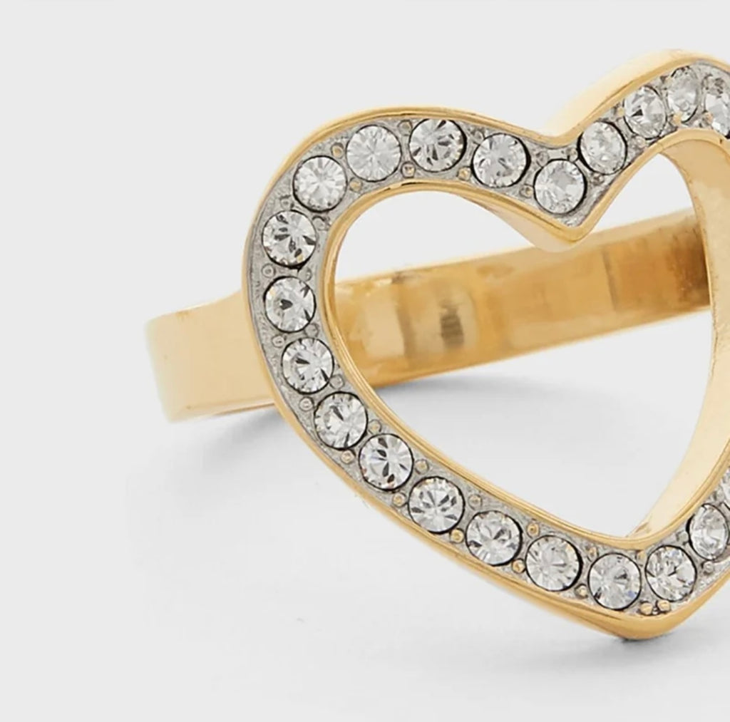 Guess UBR28001-54 Stainless Steel Zircon-Embellished Filigree-Heart Engraved-Logo Ring for Women - Gold