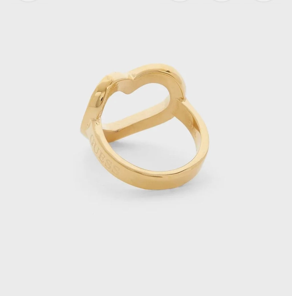 Guess UBR28001-54 Stainless Steel Zircon-Embellished Filigree-Heart Engraved-Logo Ring for Women - Gold
