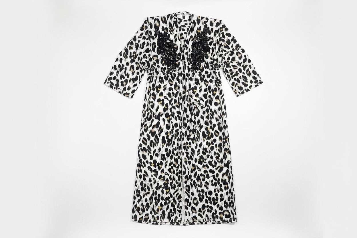 Pink Shadow Production Women White Leopard Print Long Kimono And Pant Set ST314