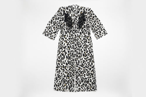 Pink Shadow Production Women White Leopard Print Long Kimono And Pant Set ST314