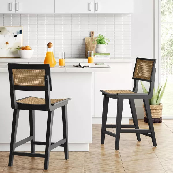 Tormod Backed Cane Counter Height Barstool Black/Natural - Threshold™: Modern Pine Frame, Fixed Seat 38"