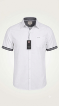Guess Men's Short Sleeve Button-Down Shirt – White Casual Shirt with Grey Trim and Chest Pocket