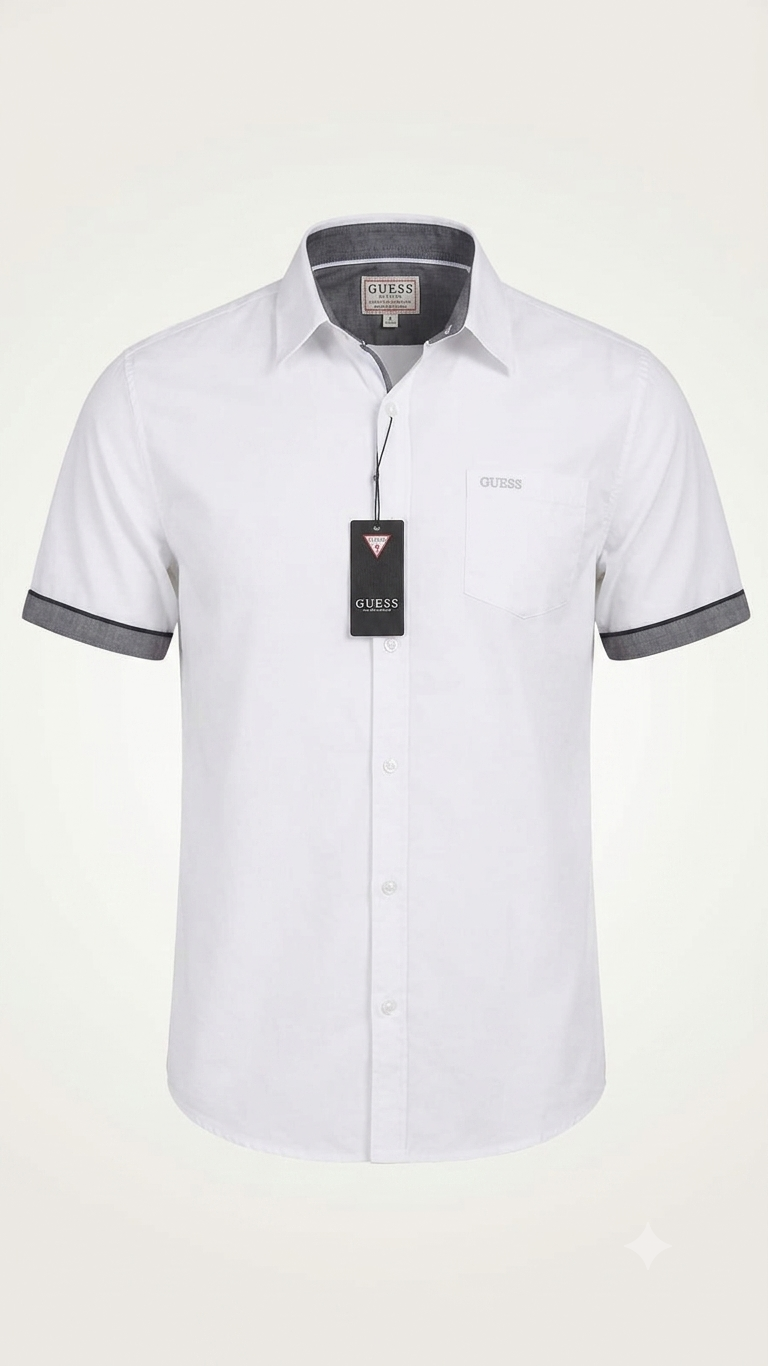 Guess Men's Short Sleeve Button-Down Shirt – White Casual Shirt with Grey Trim and Chest Pocket