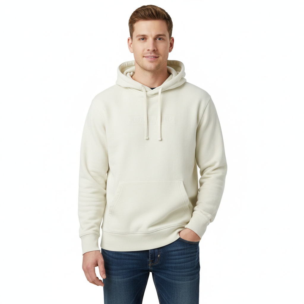 American Eagle Mens Logo Hoodie Sweatshirt, Off-White, Small