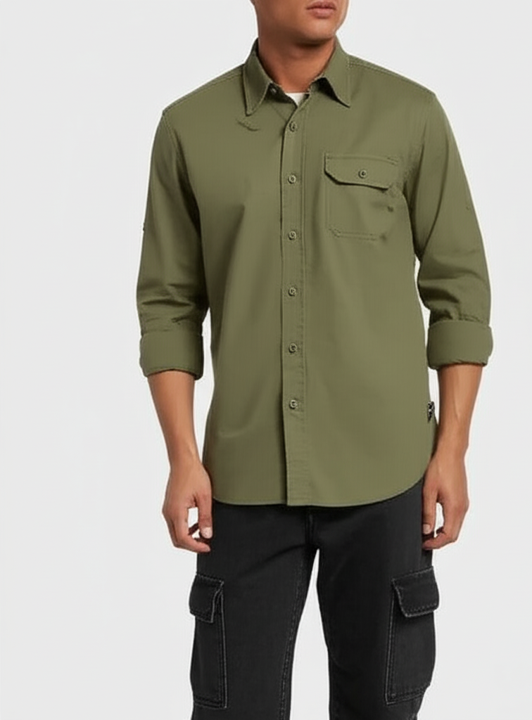 المقاس: XXL - قميص رجالي كلاسيكي منسوج بأكمام قصيرة وأزرار من Sierra Designs، لون زيتوني، مقاس XX-Large أمريكي
