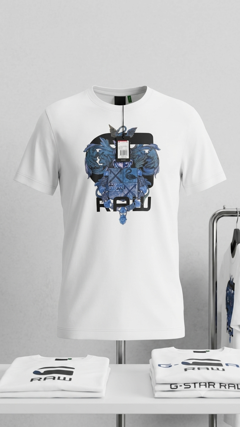 G-Star RAW Men's Graphic Tee – White Regular Fit Crewneck T-Shirt with Blue Heraldic Crest and "RAW" Logo Print