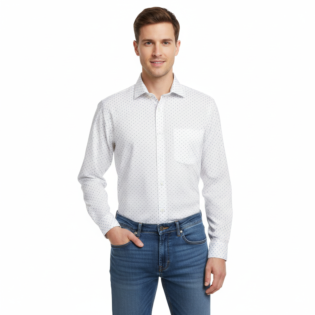قميص ساكور براذرز رجالي أبيض بقصّة Slim Fit ونقشة نقاط زرقاء - ملابس رسمية كلاسيكية
