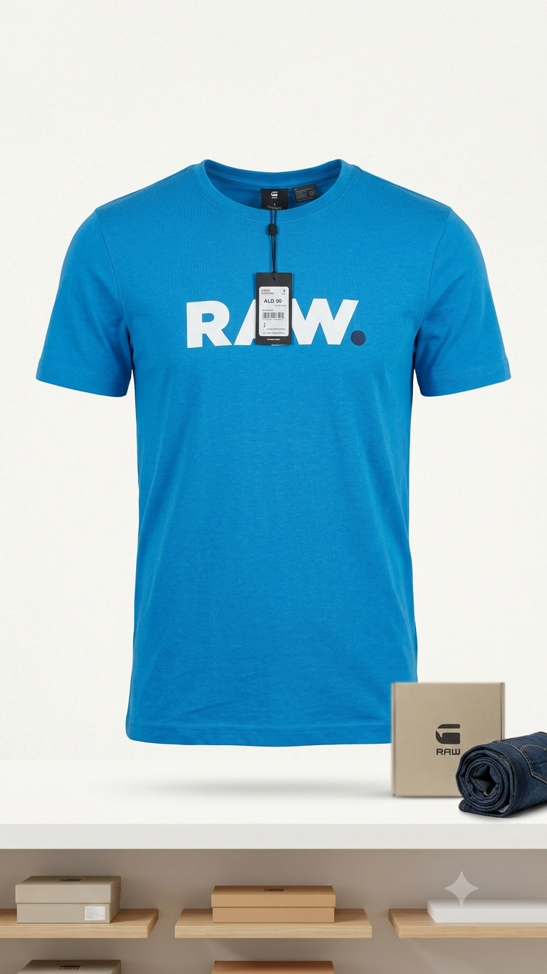 G-Star RAW Men's Graphic Tee – Light Blue Slim/Regular Fit Crewneck T-Shirt with White Logo Print