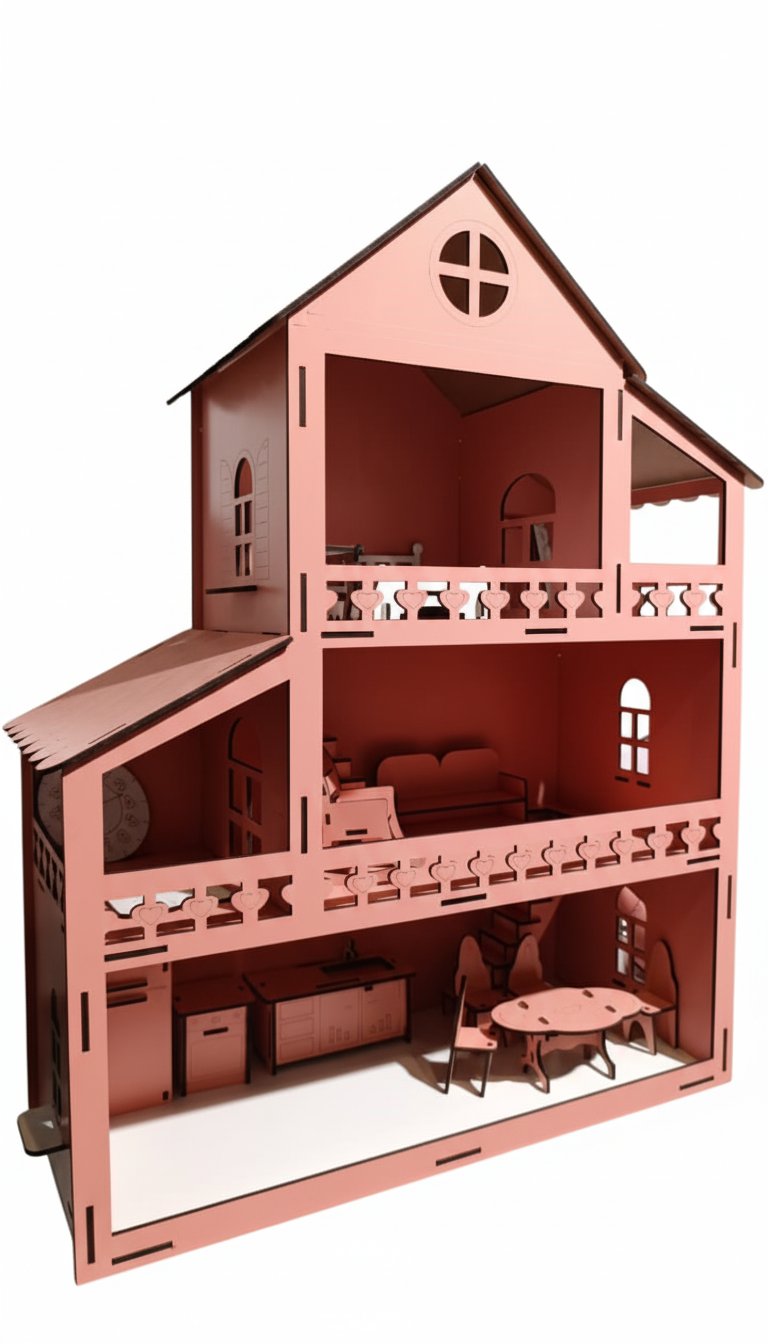 Wooden Dollhouse Pink Laser-Cut Dollhouse