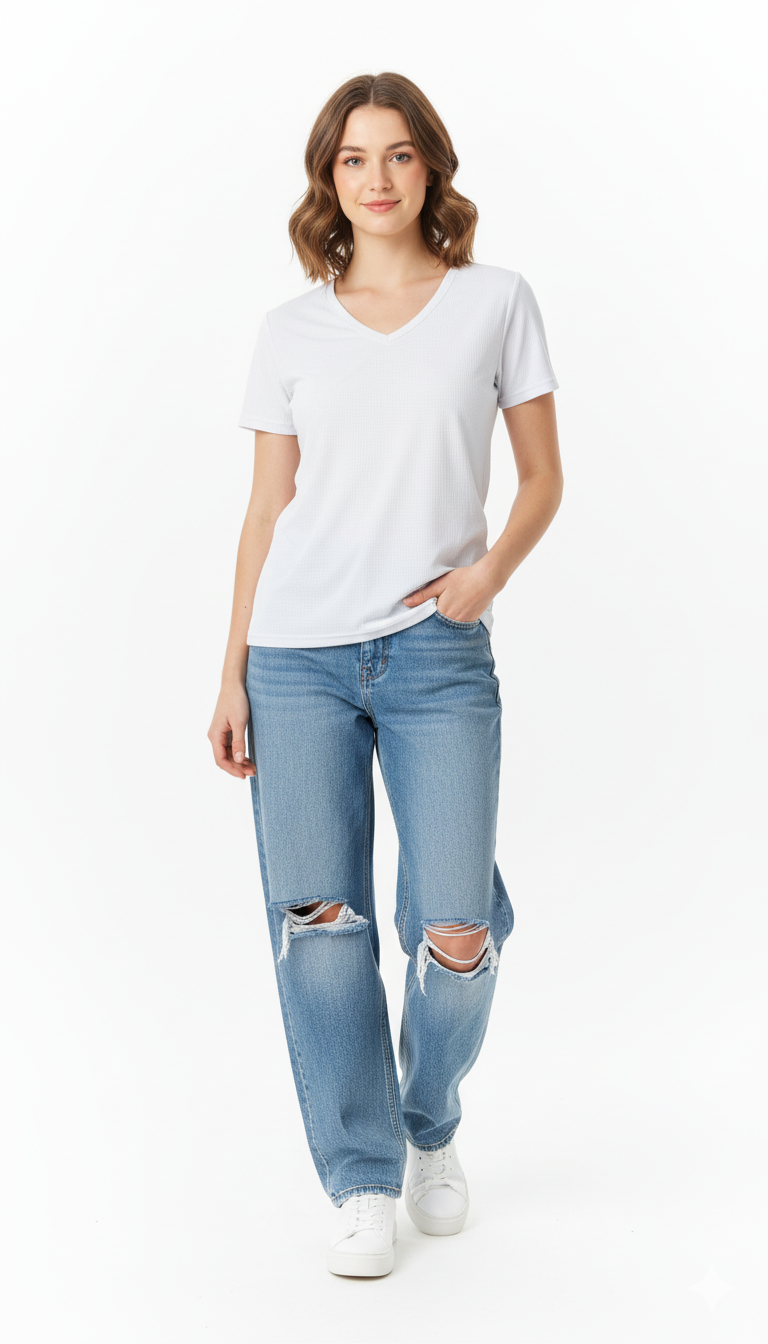 WOMEN'S LIGHT BLUE MESH T SHIRT V NECK