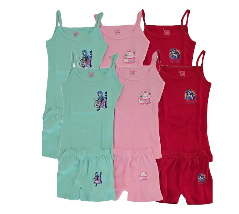 Textelo Girls Underwear 100% Cotton Vests And Briefs Set of colorful- printed (6 piece) color (Red, pink, green)