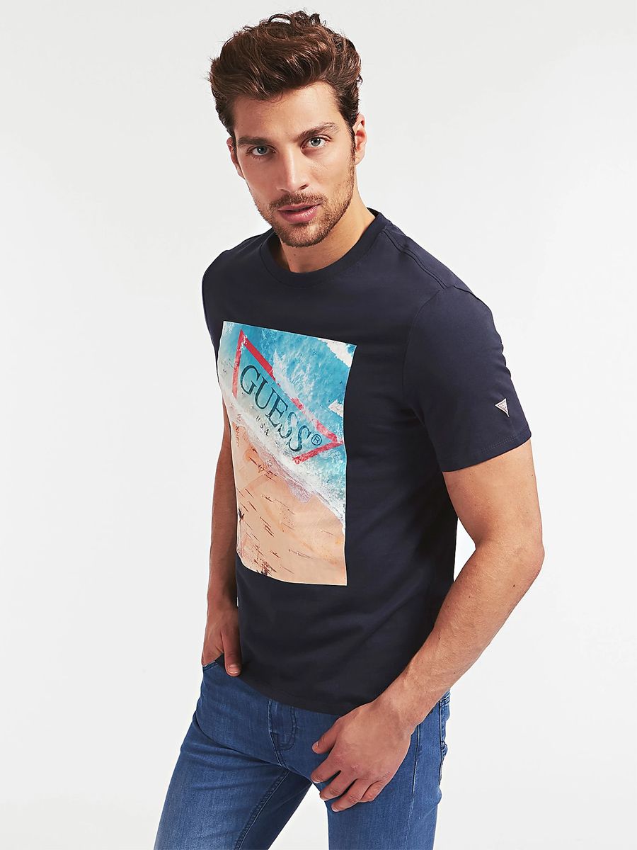 Guess Dark Blue Beach Print T-Shirt