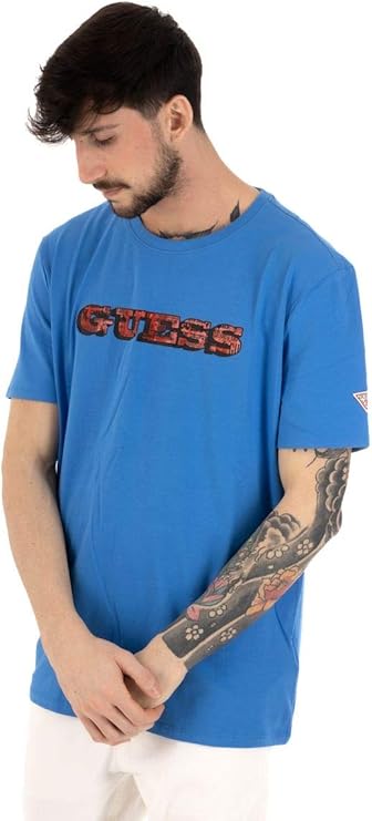 Guess Men's Short-Sleeved Jersey T-Shirt Light Blue Crew Neck