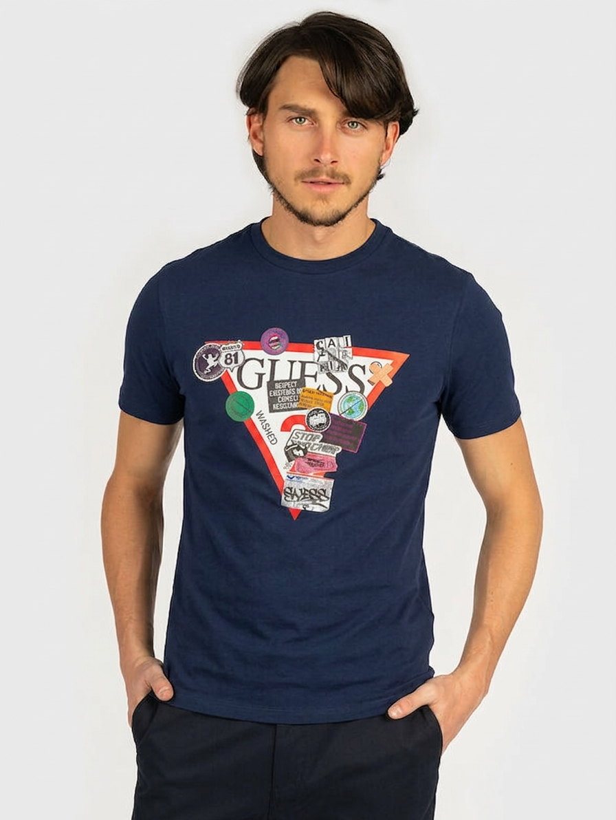 Guess Navy Cotton Men t-shirt with Triangle Logo