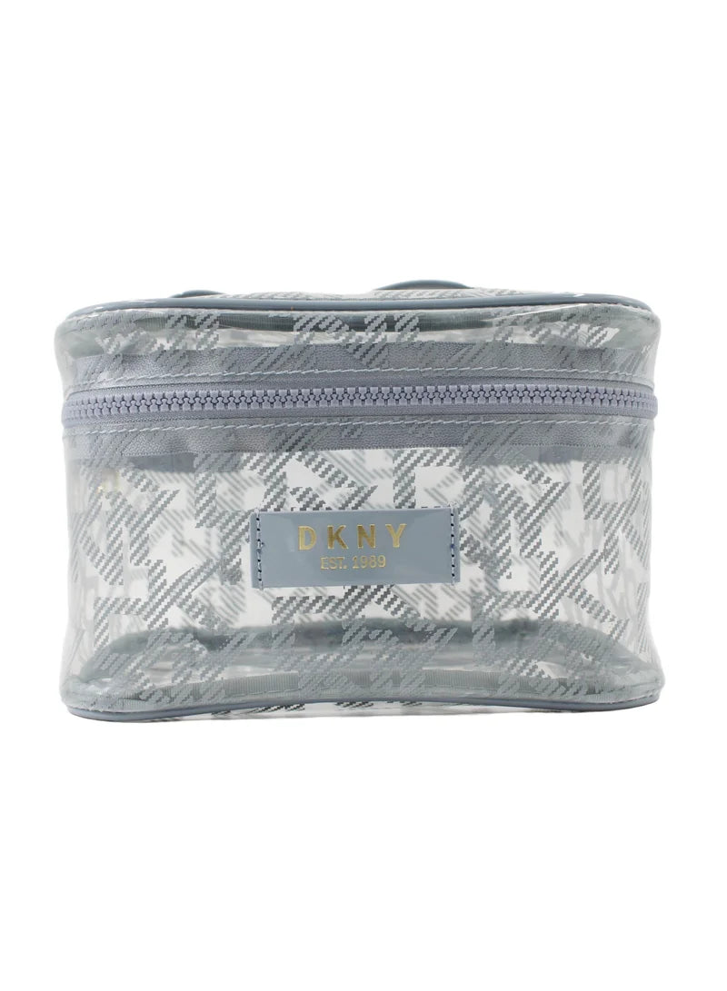 DKNY Square Train Case Blue Suede Pouch Monogram Printed Cosmetic Bag DA050LD1