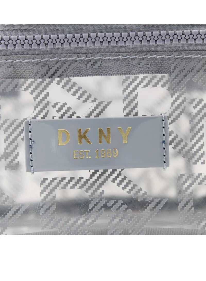 DKNY Square Train Case Blue Suede Pouch Monogram Printed Cosmetic Bag DA050LD1