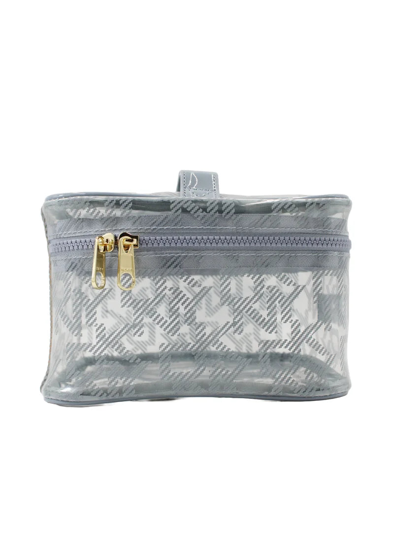 DKNY Square Train Case Blue Suede Pouch Monogram Printed Cosmetic Bag DA050LD1