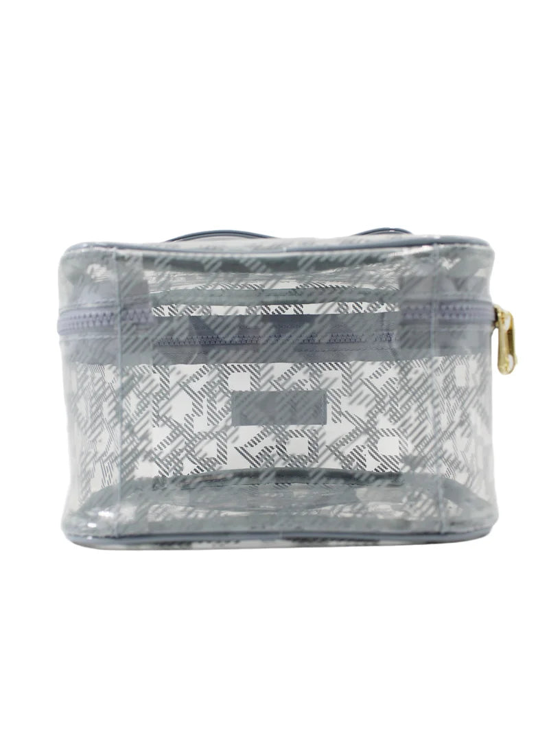 DKNY Square Train Case Blue Suede Pouch Monogram Printed Cosmetic Bag DA050LD1