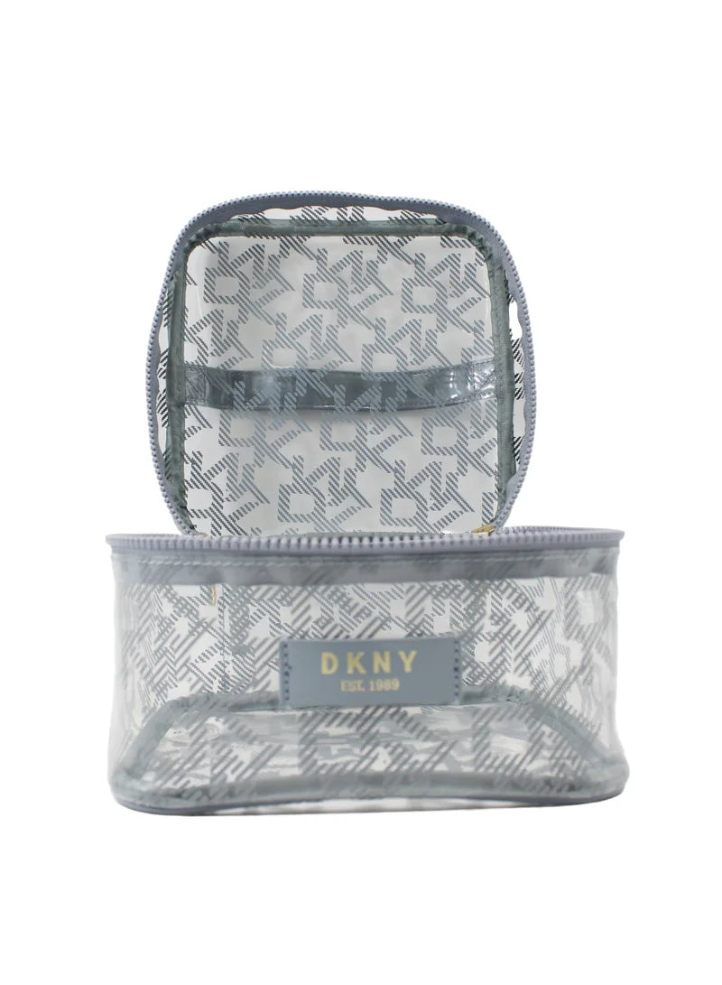 DKNY Square Train Case Blue Suede Pouch Monogram Printed Cosmetic Bag DA050LD1