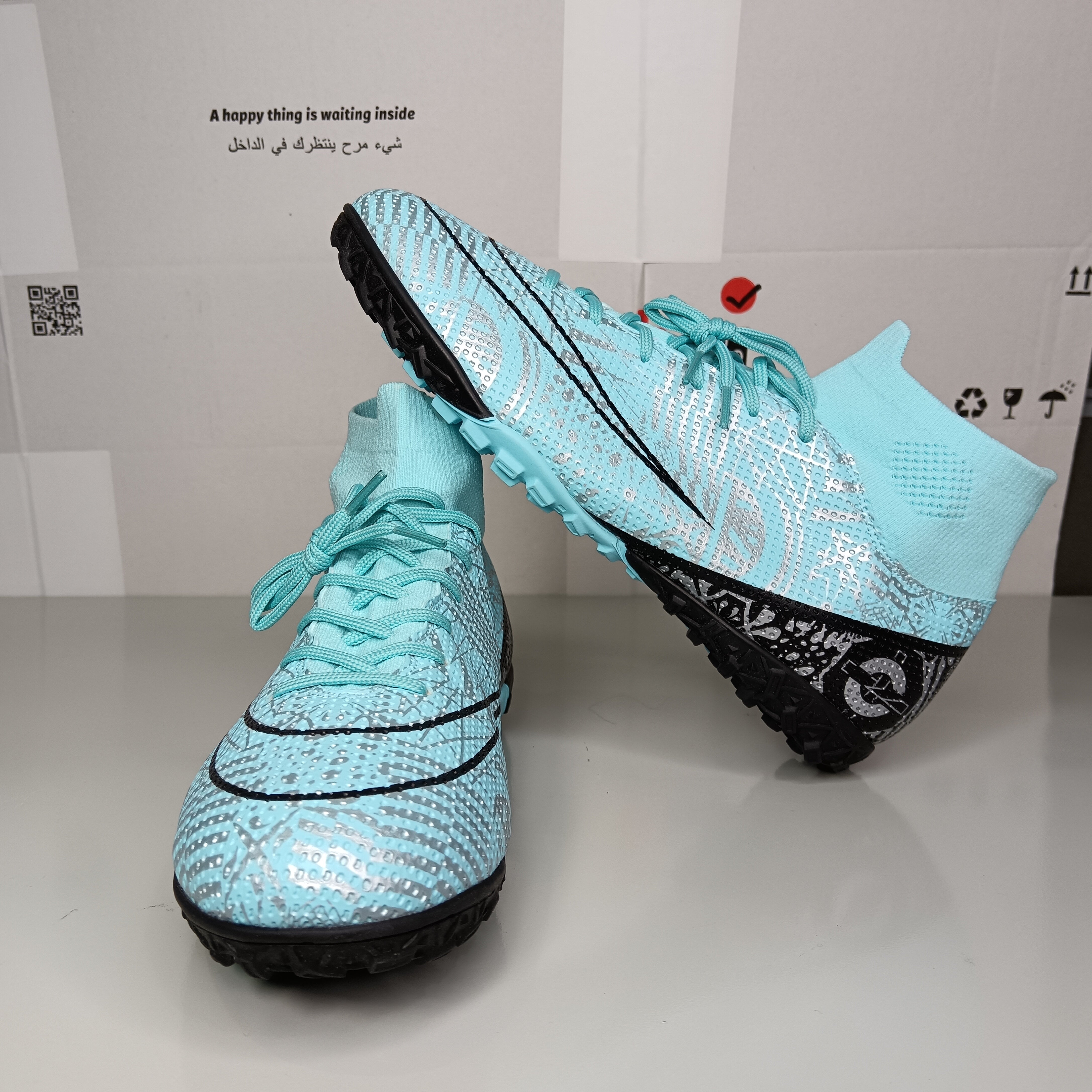 Light Blue High-Performance Soccer Cleats with Textured Grip - Men's Turf Shoes