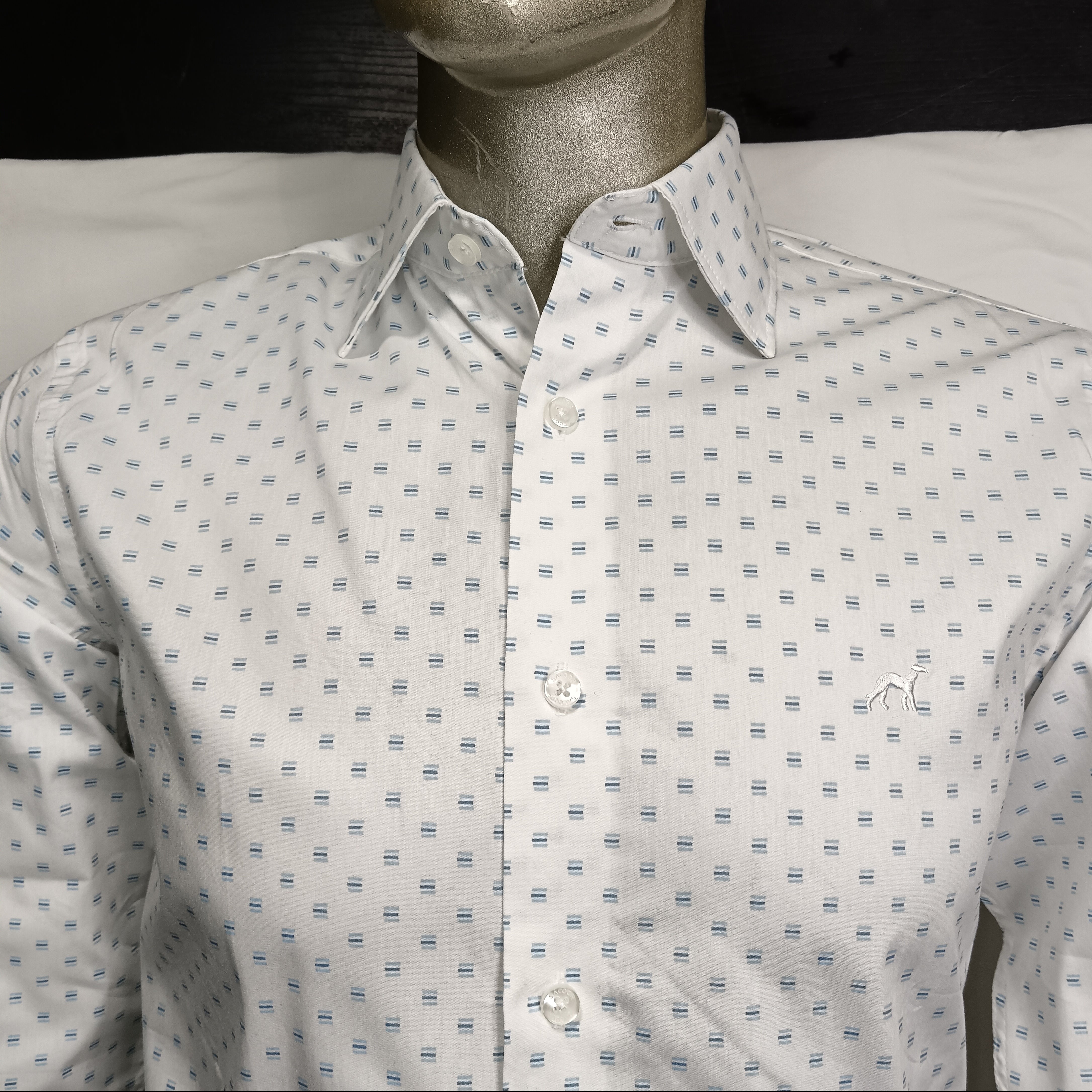 Sacoor Brother Men's White Dress Shirt with Blue Micro Print – Classic Slim Fit Formal Wear