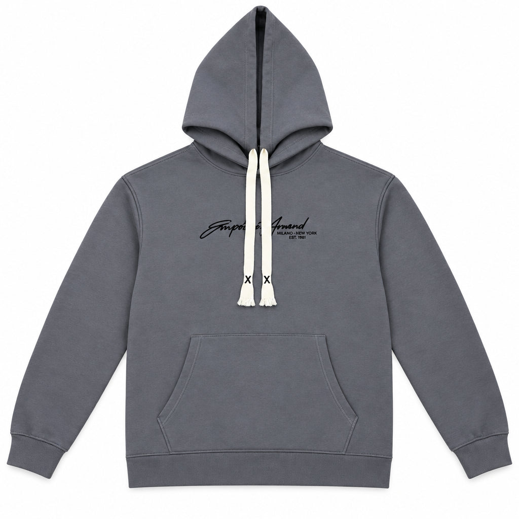 Momento Oversized Fleece Hoodie – Navy Blue, Gray Embroidered Script with Abstract Back Print