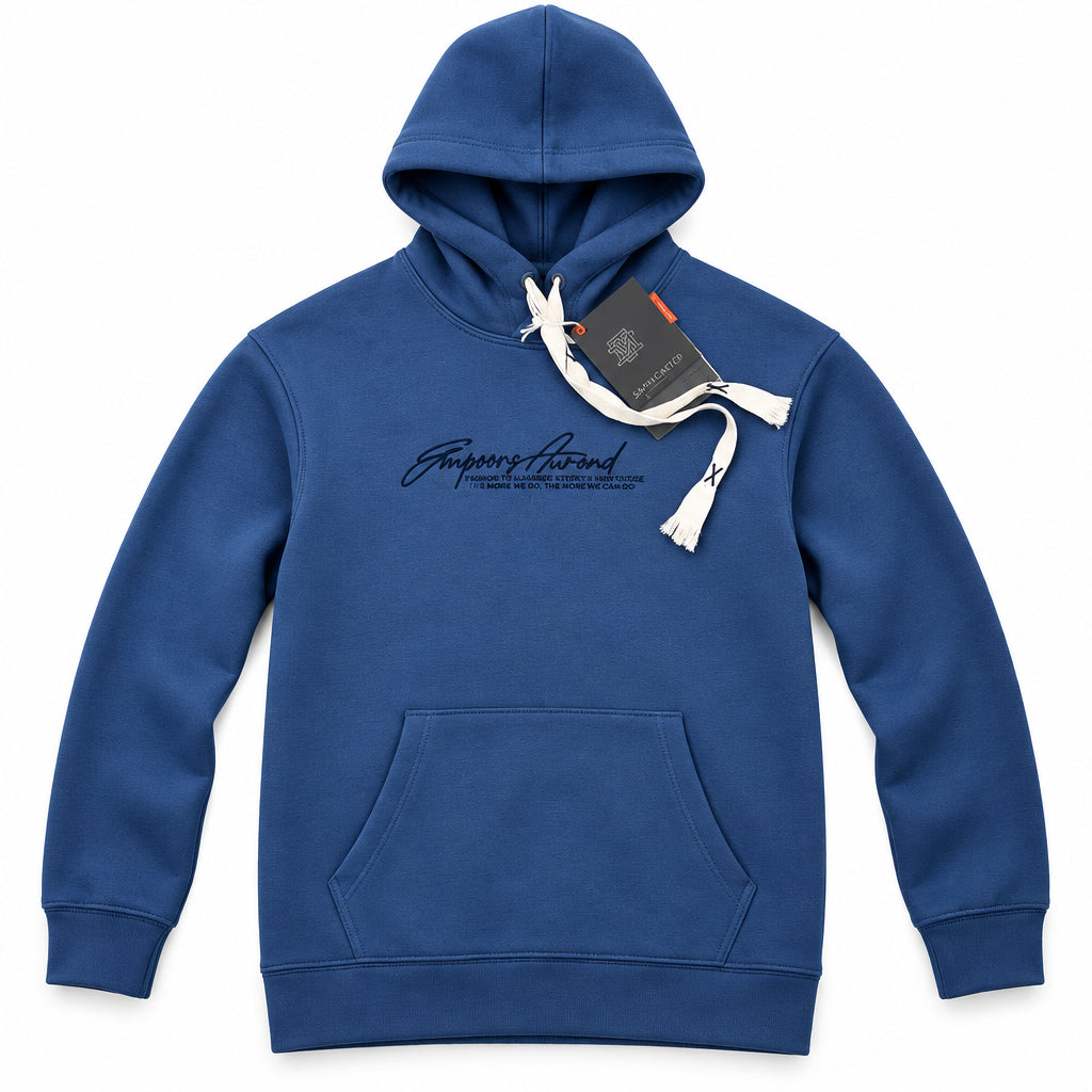 Momento Oversized Fleece Hoodie – Navy Blue, Gray Embroidered Script with Abstract Back Print
