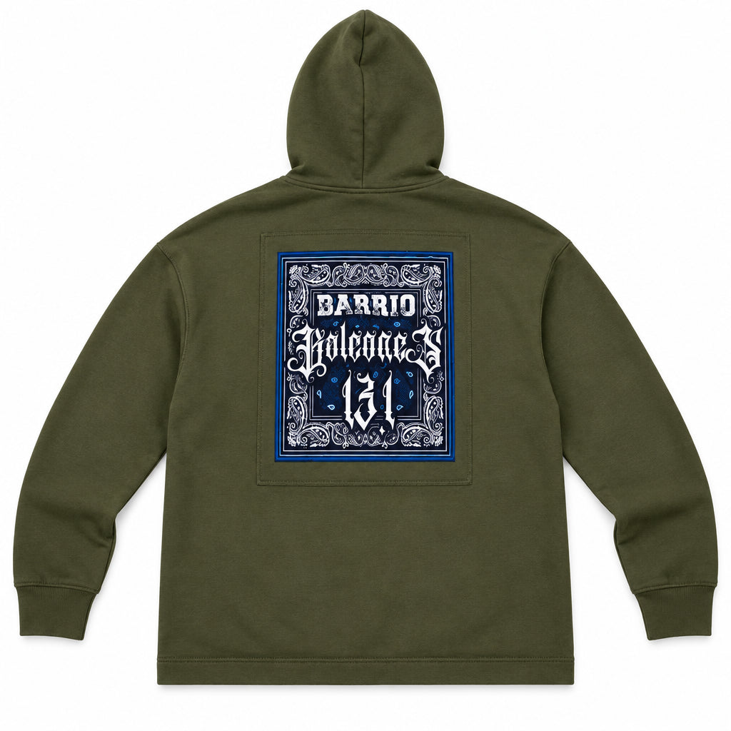 Momento Olive Green Layered-Sleeve Hoodie with Bandana Print Back Patch