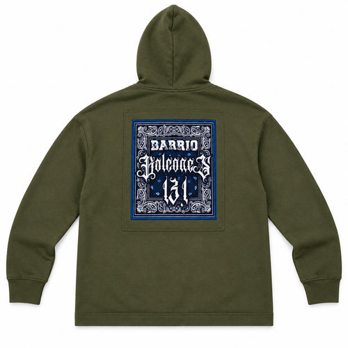 Momento Olive Green Layered-Sleeve Hoodie with Bandana Print Back Patch
