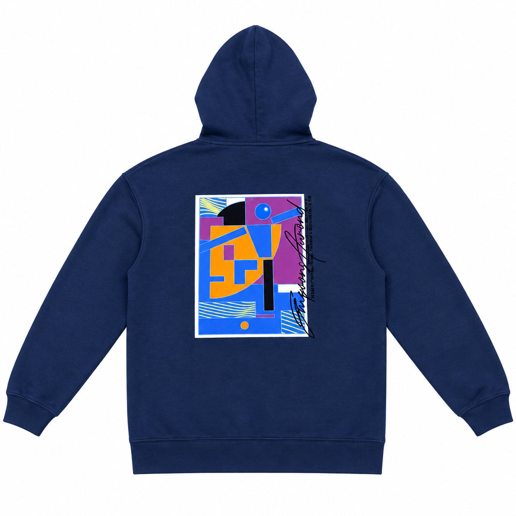 Momento Oversized Fleece Hoodie – Navy Blue, Gray Embroidered Script with Abstract Back Print