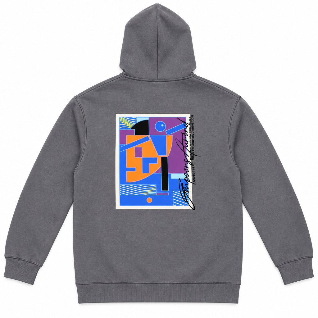 Momento Oversized Fleece Hoodie – Navy Blue, Gray Embroidered Script with Abstract Back Print