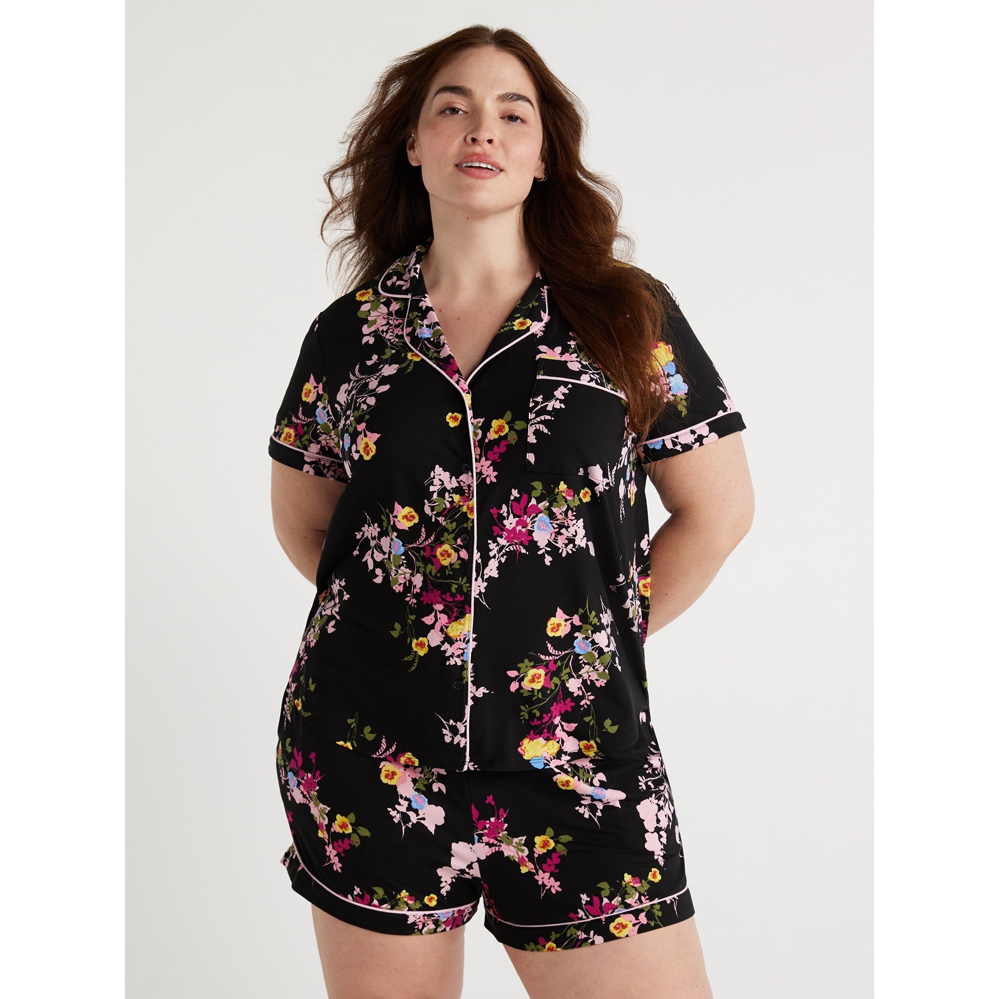 SIZE: L(12-14) - Joyspun Women's Knit Notch Collar Top and Shorts Pajama Set, 2-Piece